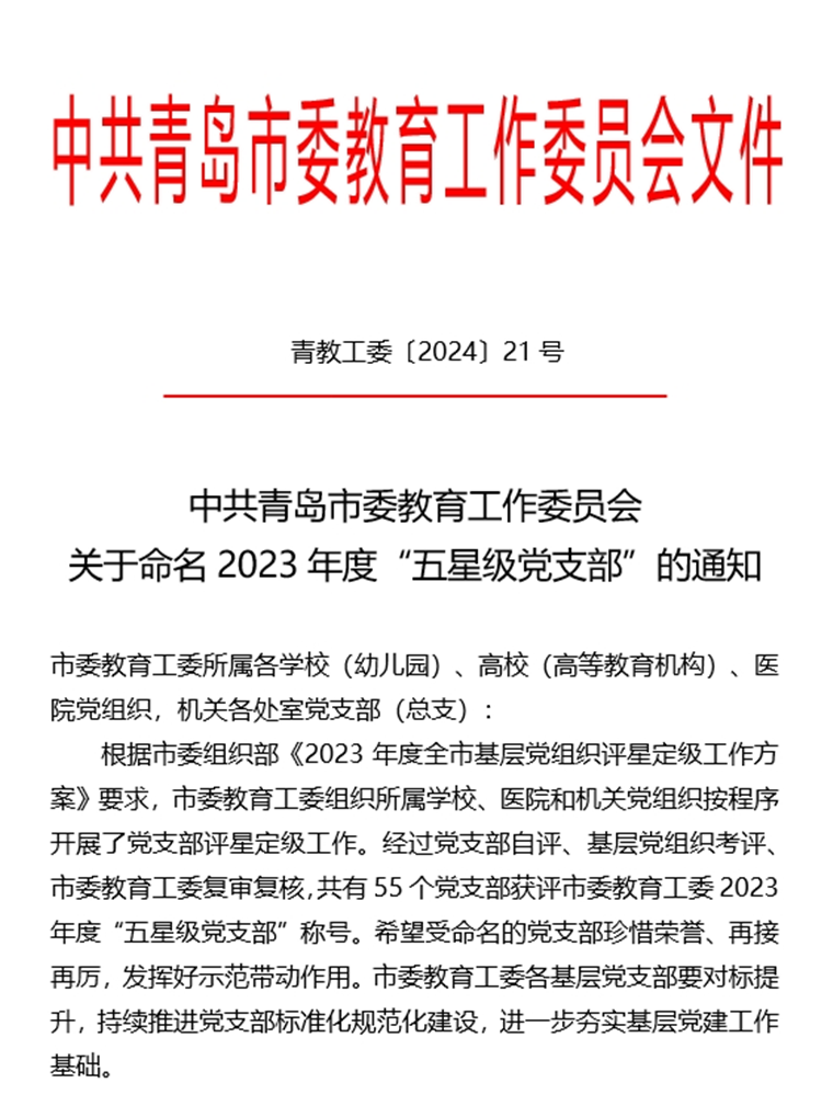 纽约国际官网四个党支部荣获青岛市委教育工委2023年度“五星级党支部”称号